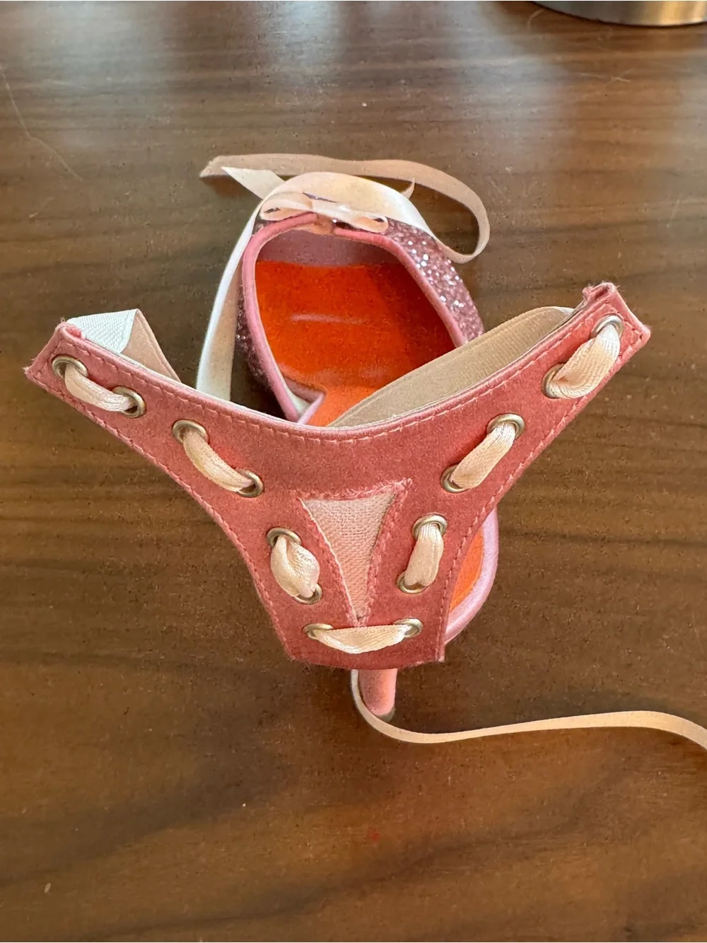 D. Lacquaniti Pink Glitter Peep Toe Lace-Up Ribbon Heels Size 37 / US 7